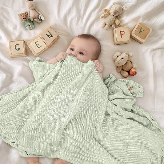 LIME CREAM GREEN KNITTED BABY BLANKET