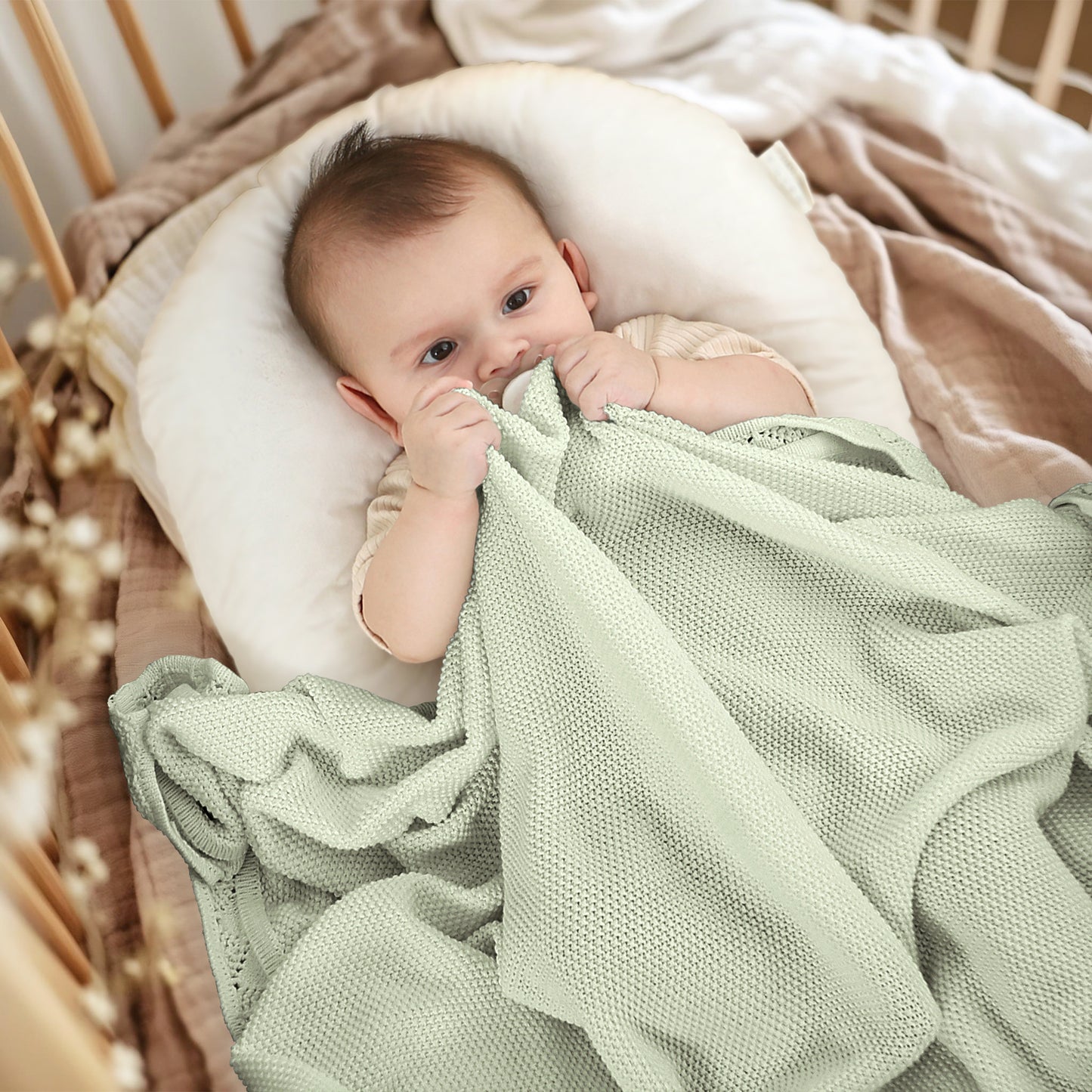 LIME CREAM GREEN KNITTED BABY BLANKET