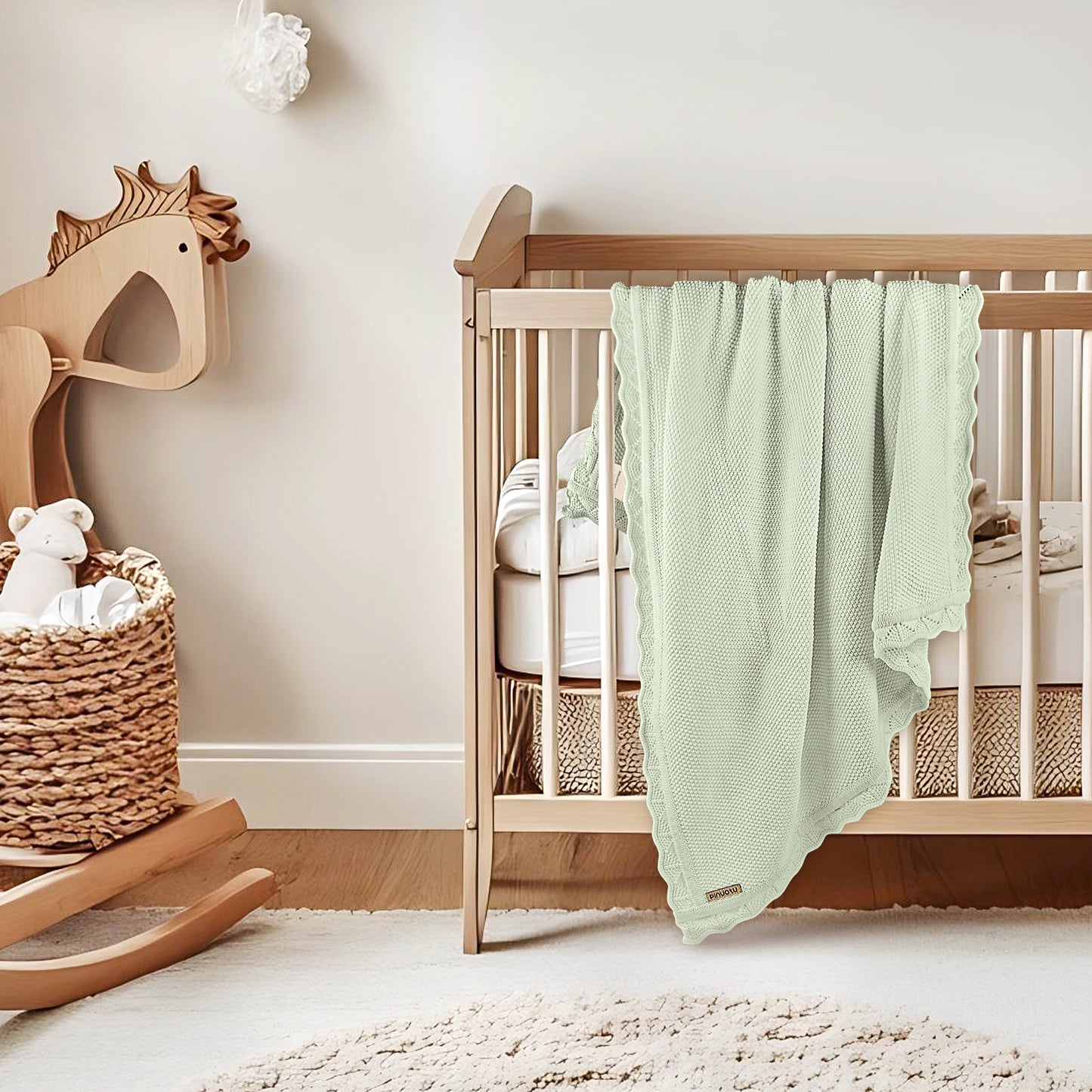 LIME CREAM GREEN KNITTED BABY BLANKET