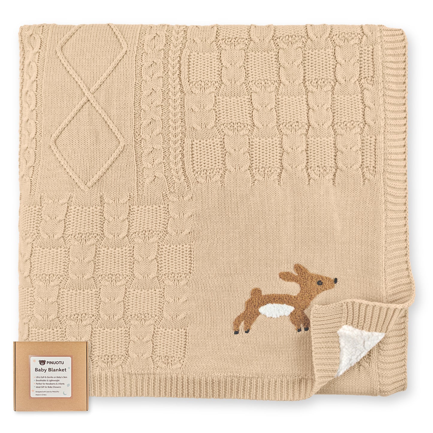 Cotton Knit Baby Blanket with Fleece Lining (Beige)