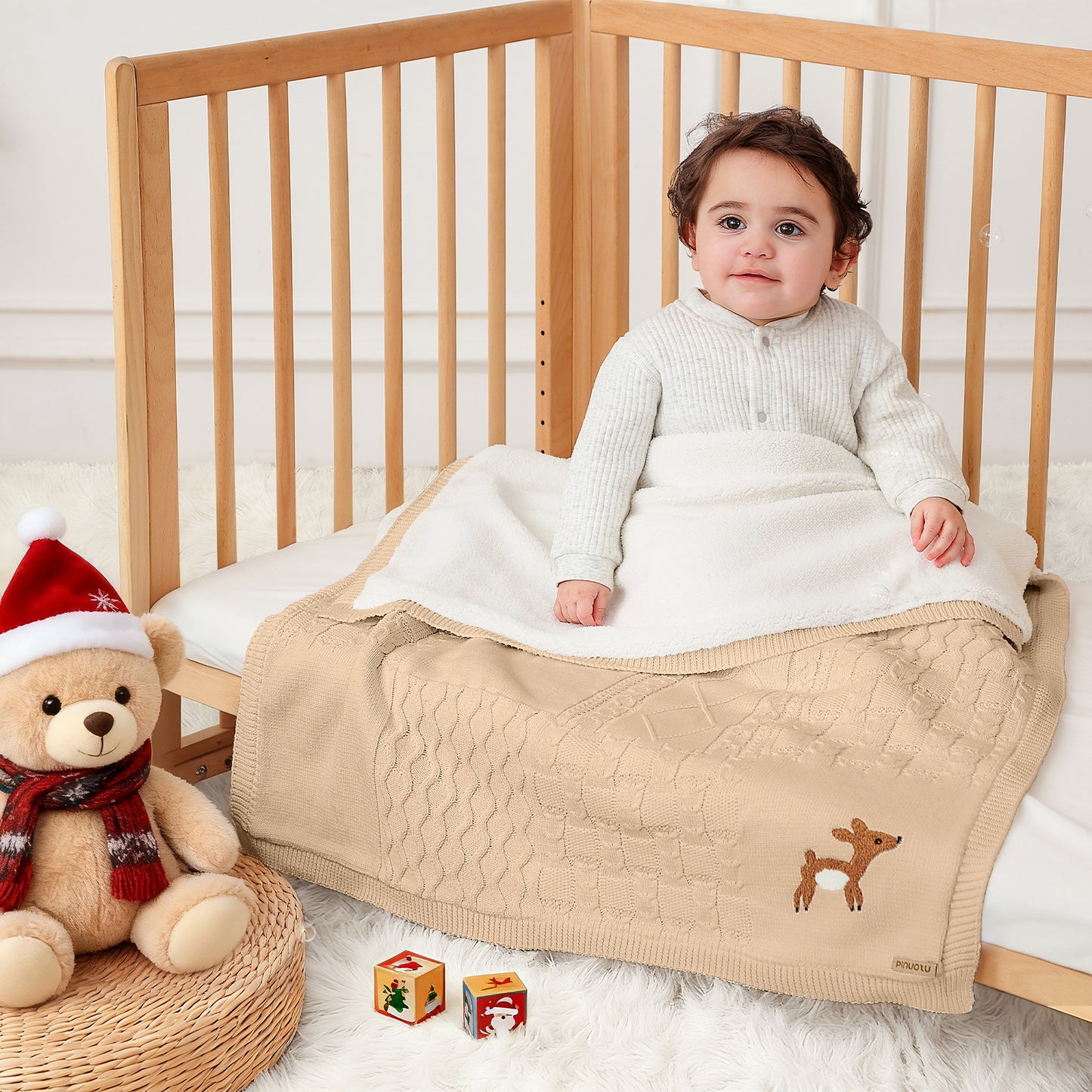 Cotton Knit Baby Blanket with Fleece Lining (Beige)