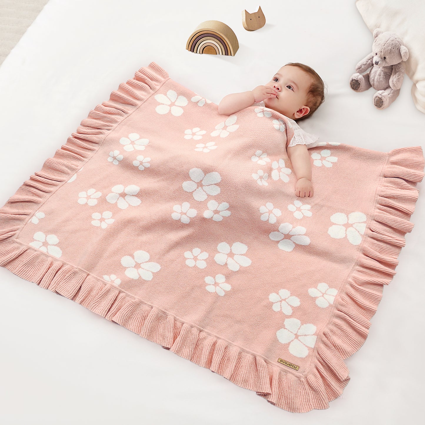 Cotton Knit Baby Blanket with Ruffle Edge