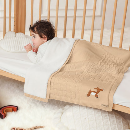 Cotton Knit Baby Blanket with Fleece Lining (Beige)