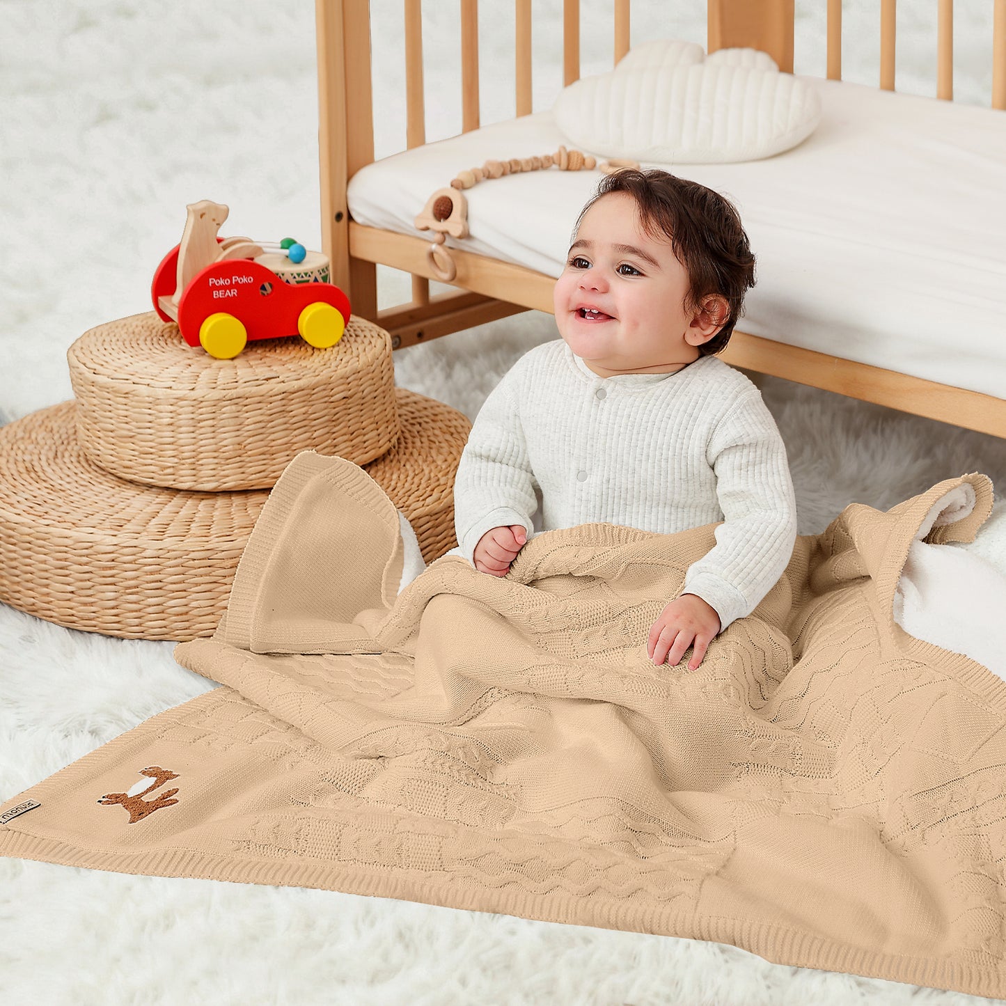 Cotton Knit Baby Blanket with Fleece Lining (Beige)