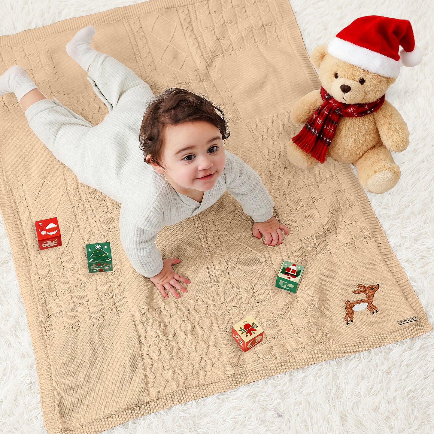 Cotton Knit Baby Blanket with Fleece Lining (Beige)