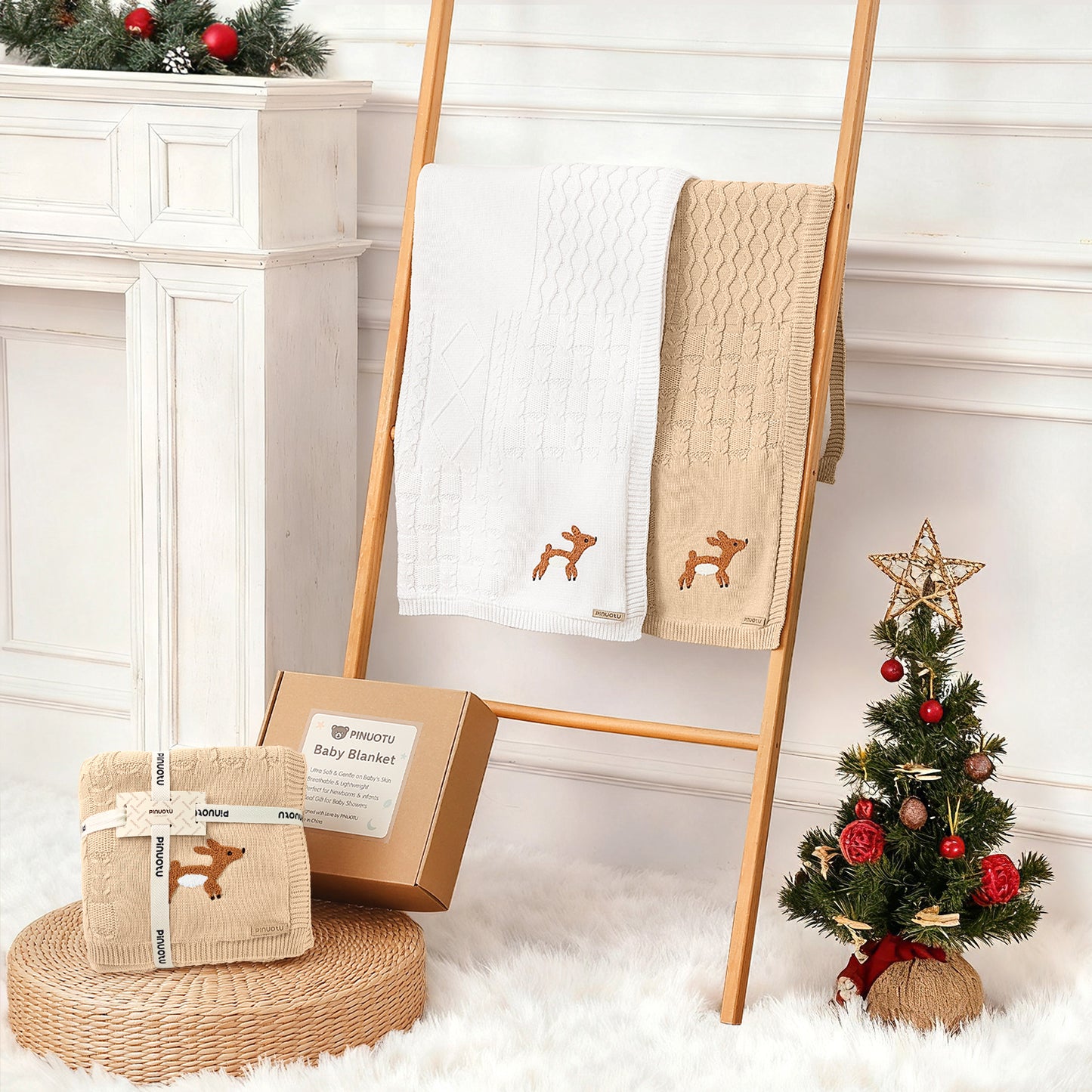 Cotton Knit Baby Blanket with Fleece Lining (Beige)