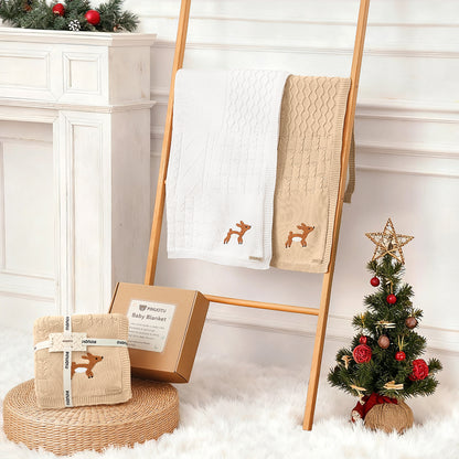 Cotton Knit Baby Blanket with Fleece Lining (Beige)